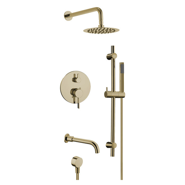 Ensemble de douche arrondi: Douche pluie, douchette à main et bec de baignoire fini or brossé