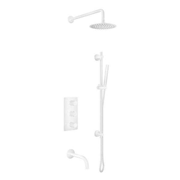 Ensemble de douche/baignoire thermostatique: pomme de douche, douchette sur rail, valve et bec fini blanc mat