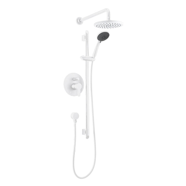 Matte white round shower kit: Rain shower and hand shower spout