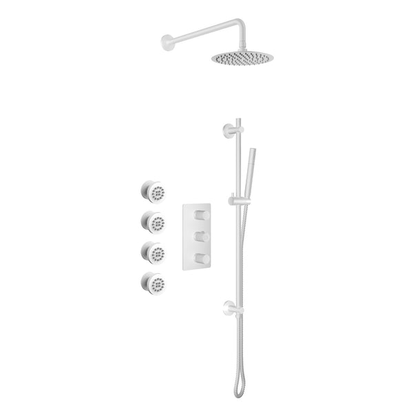 Ensemble de douche thermostatique: pomme de douche, douchette sur rail et valve avec fini blanc mat