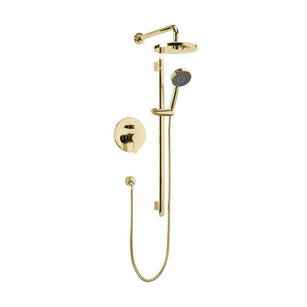 Ensemble de douche arrondi : Douche pluie et douchette à main fini or brossé